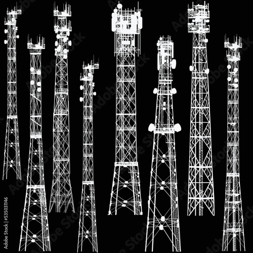 group with eight antenna tower silhouettes on black