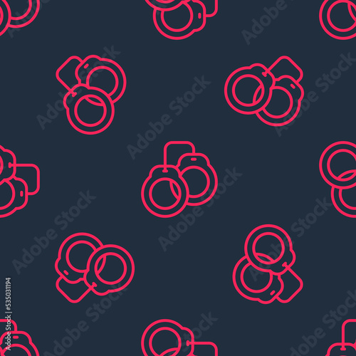 Red line Handcuffs icon isolated seamless pattern on black background. Vector