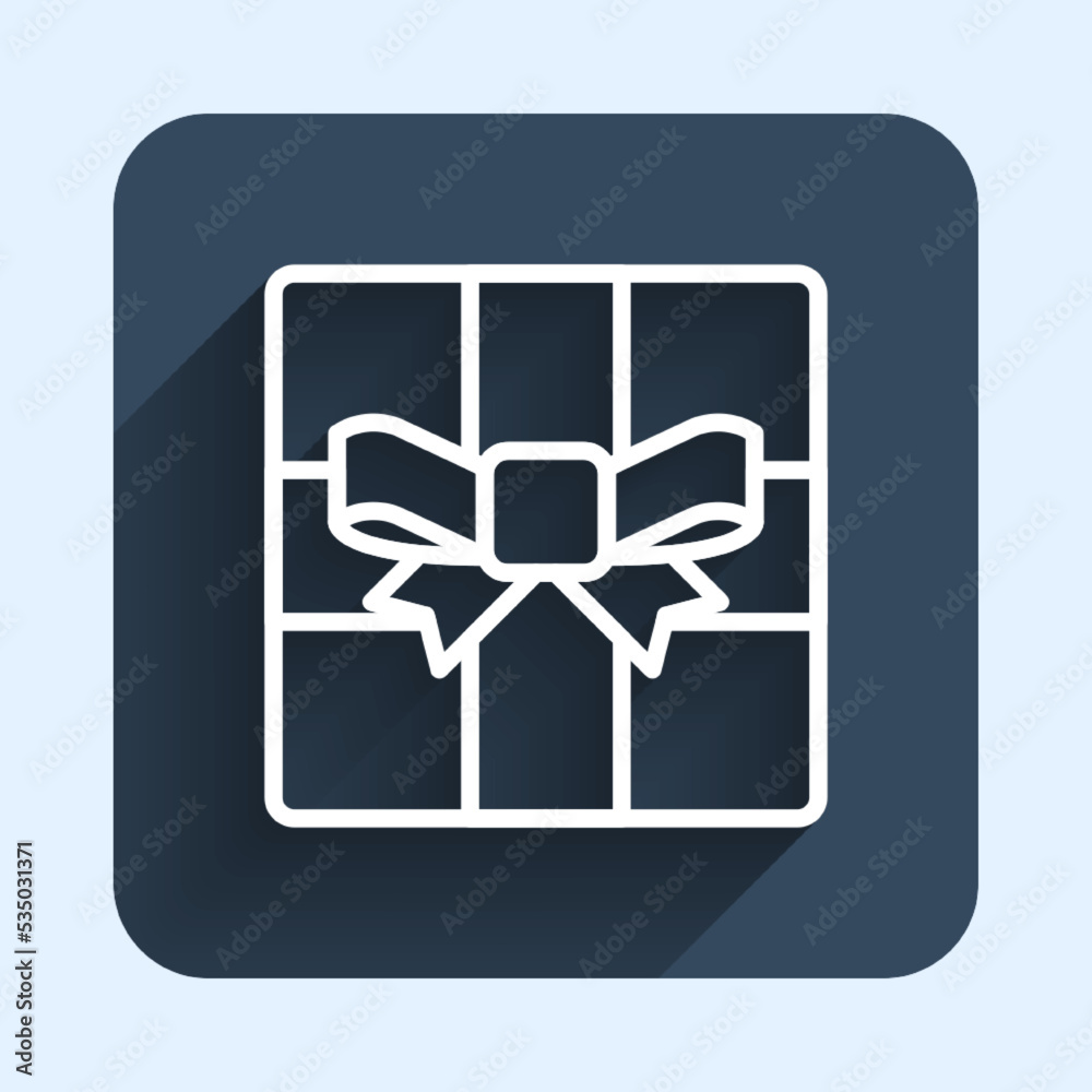 White line Gift box icon isolated with long shadow background. Merry Christmas and Happy New Year. Blue square button. Vector White line Gift box icon isolated with long shadow background. Merry Christmas and Happy New Year. Blue square button. Vector