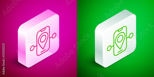 Isometric line Route location icon isolated on pink and green background. Train line path of train road route with start point GPS and dash line. Silver square button. Vector