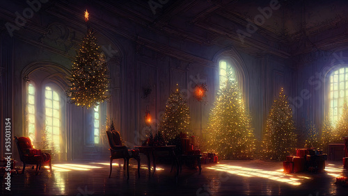 Christmas decorations on a winter holiday window. Frozen evening window, garlands, lanterns, Christmas tree. Holiday and fun atmosphere. Dark festive interior. 3D illustration. © MiaStendal