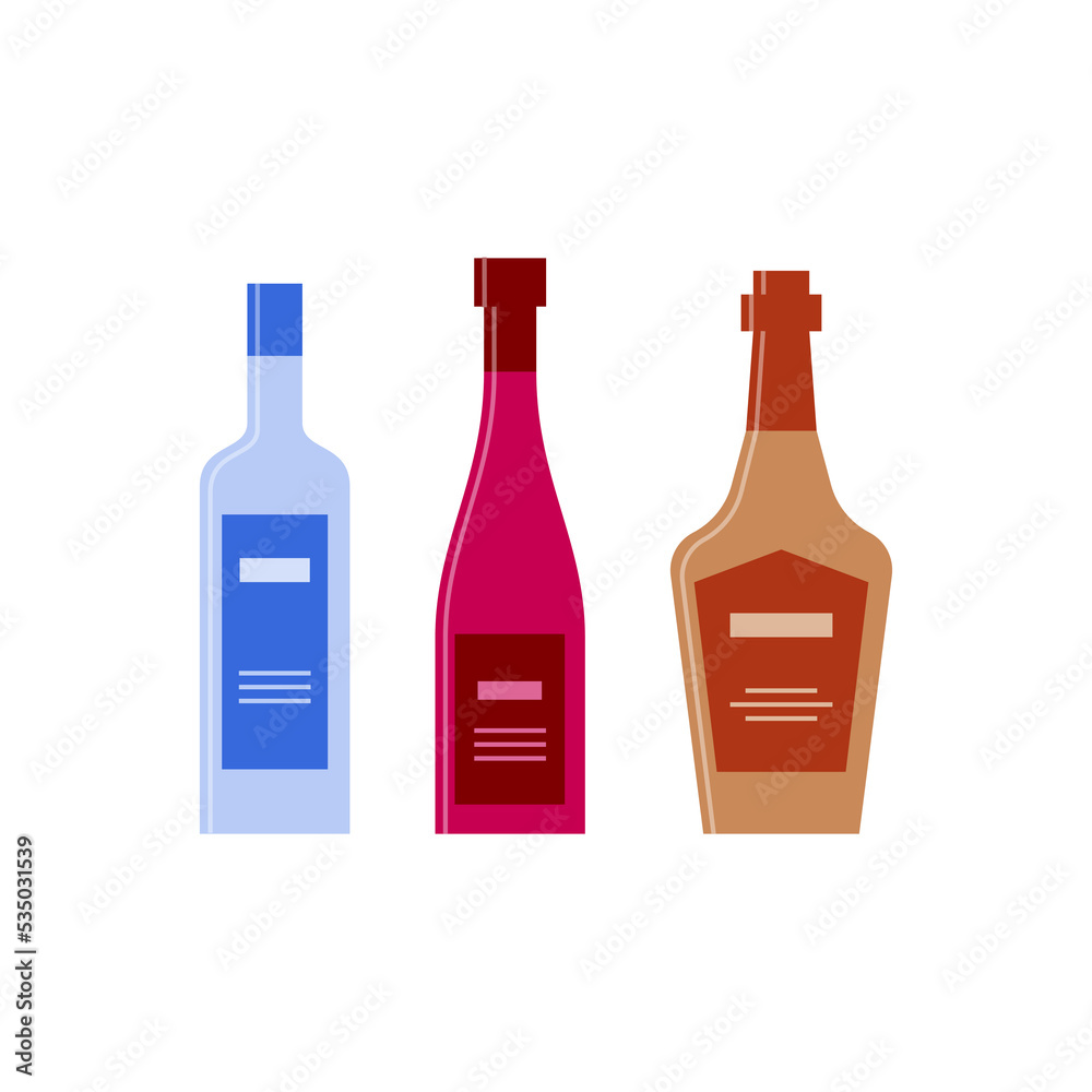 Set bottles of vodka red wine whiskey. Icon bottle with cap and label. Great design for any purposes. Flat style. Color form. Party drink concept. Simple image shape Set bottles of vodka red wine whiskey. Icon bottle with cap and label. Great design for any purposes. Flat style. Color form. Party drink concept. Simple image shape