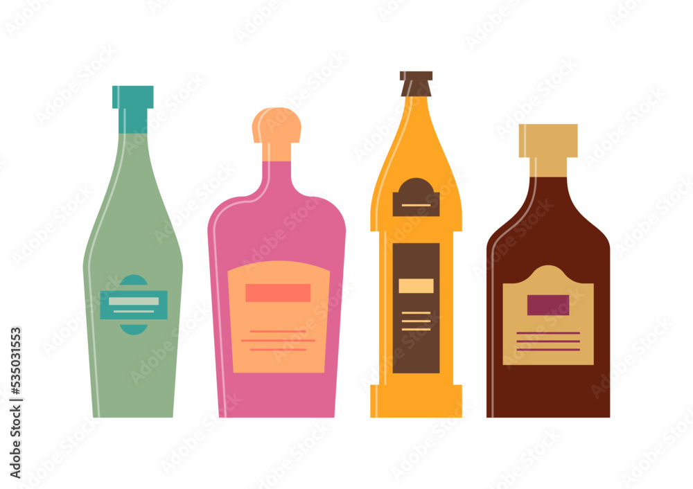 Set bottles of vermouth, liquor, beer, rum. Icon bottle with cap and label. Great design for any purposes. Flat style. Color form. Party drink concept. Simple image shape Set bottles of vermouth, liquor, beer, rum. Icon bottle with cap and label. Great design for any purposes. Flat style. Color form. Party drink concept. Simple image shape