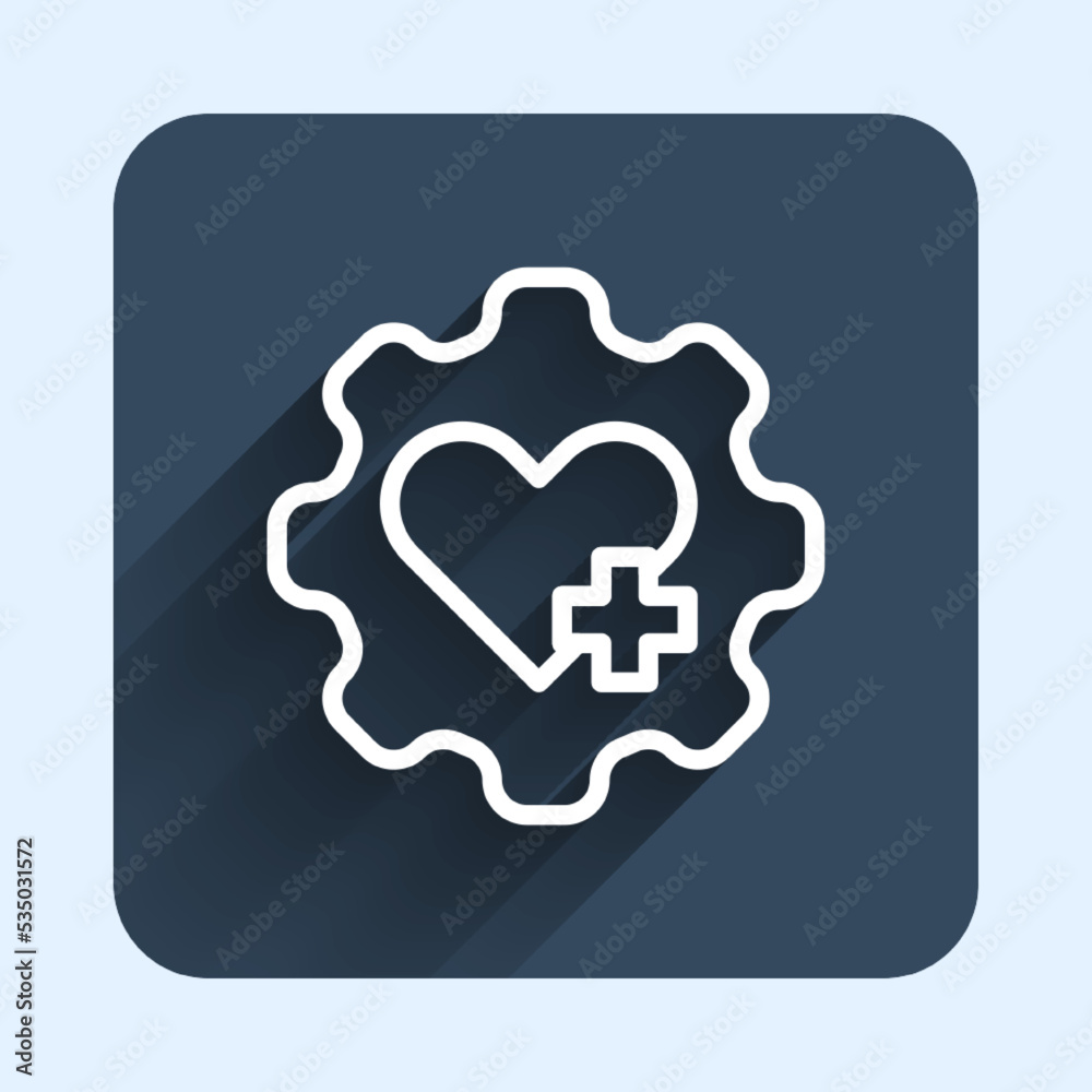 White line Heart with a cross icon isolated with long shadow background. First aid. Healthcare, medical and pharmacy sign. Blue square button. Vector White line Heart with a cross icon isolated with long shadow background. First aid. Healthcare, medical and pharmacy sign. Blue square button. Vector