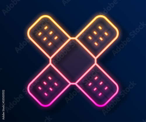 Glowing neon line Crossed bandage plaster icon isolated on black background. Medical plaster, adhesive bandage, flexible fabric bandage. Vector