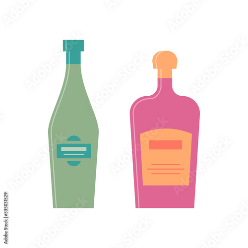 Bottle of vermouth and liquor. Great design for any purposes. Icon bottle with cap and label. Flat style. Color form. Party drink concept. Simple image shape
