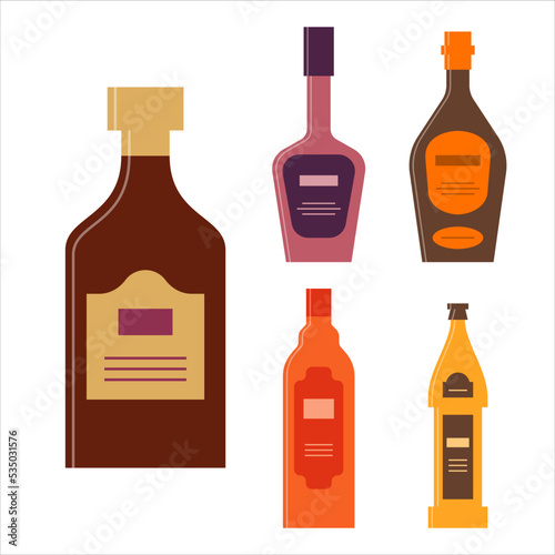 Set bottles of rum liquor balsam brandy beer. Icon bottle with cap and label. Graphic design for any purposes. Flat style. Color form. Party drink concept. Simple image shape