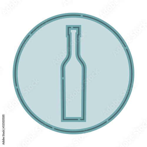Illustration of bottle of vodka in flat style in form of thin lines. In the form of background is circle of color drinks. Isolated object design beverage. Simple icon for restaurant, pub, party