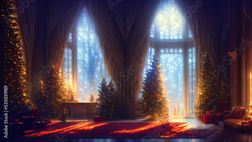 Christmas decorations on a winter holiday window. Frozen evening window, garlands, lanterns, Christmas tree. Holiday and fun atmosphere. Dark festive interior. 3D illustration.