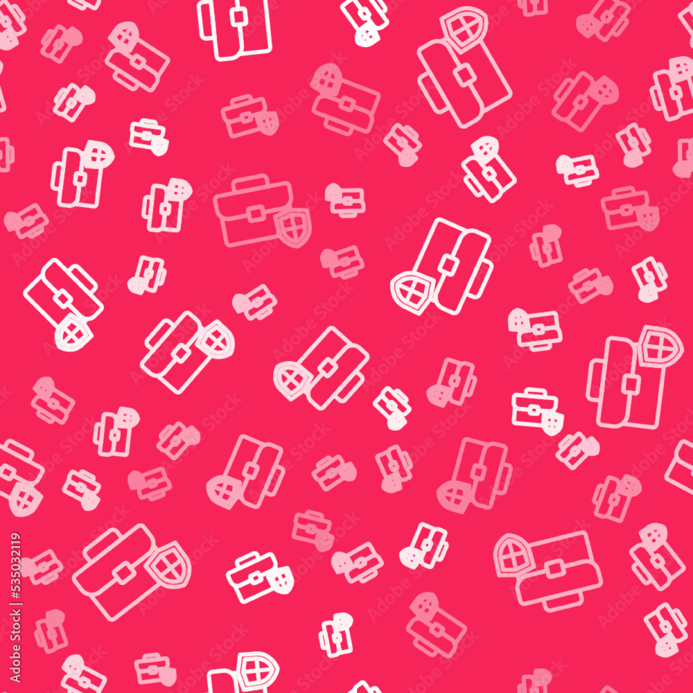 White line Briefcase with shield icon isolated seamless pattern on red background. Insurance concept. Security, safety, protection, protect concept. Vector White line Briefcase with shield icon isolated seamless pattern on red background. Insurance concept. Security, safety, protection, protect concept. Vector