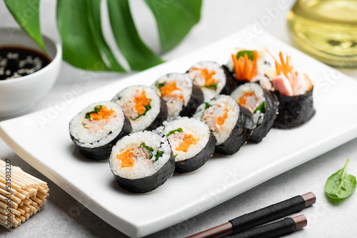 Gimbap or kimbap, korean rolls, traditional dish, selective focus photo