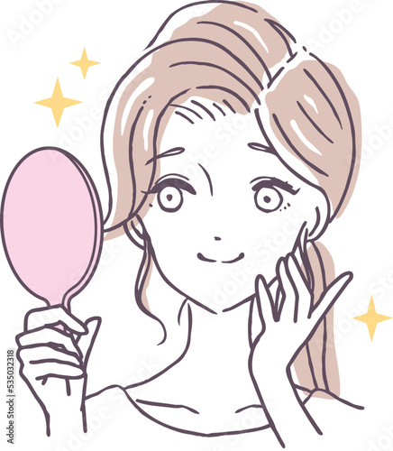 手鏡に向かって微笑む女性　鏡を見て笑顔で幸せそうな女の人　イラスト素材