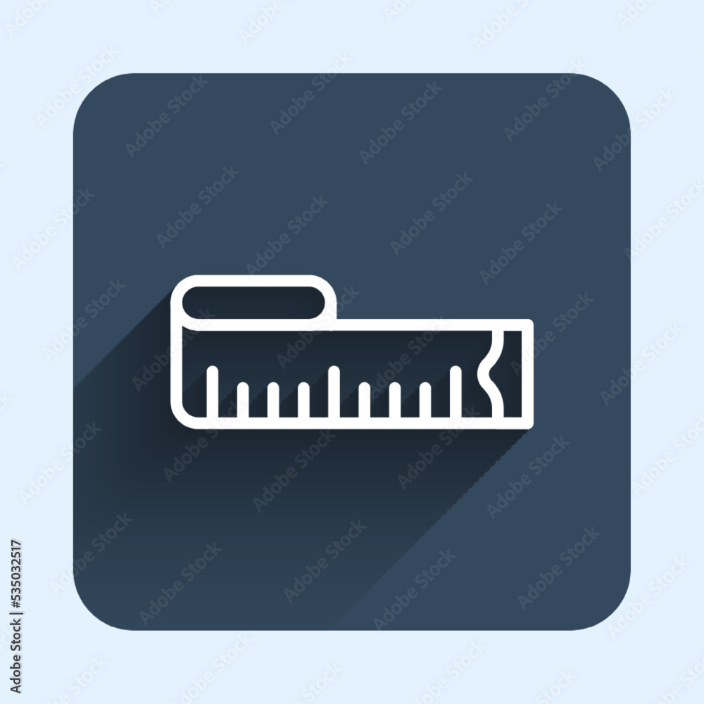 White line Tape measure icon isolated with long shadow background. Measuring tape. Blue square button. Vector