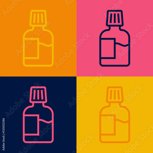 Pop art line Mouthwash plastic bottle icon isolated on color background. Liquid for rinsing mouth. Oralcare equipment. Vector