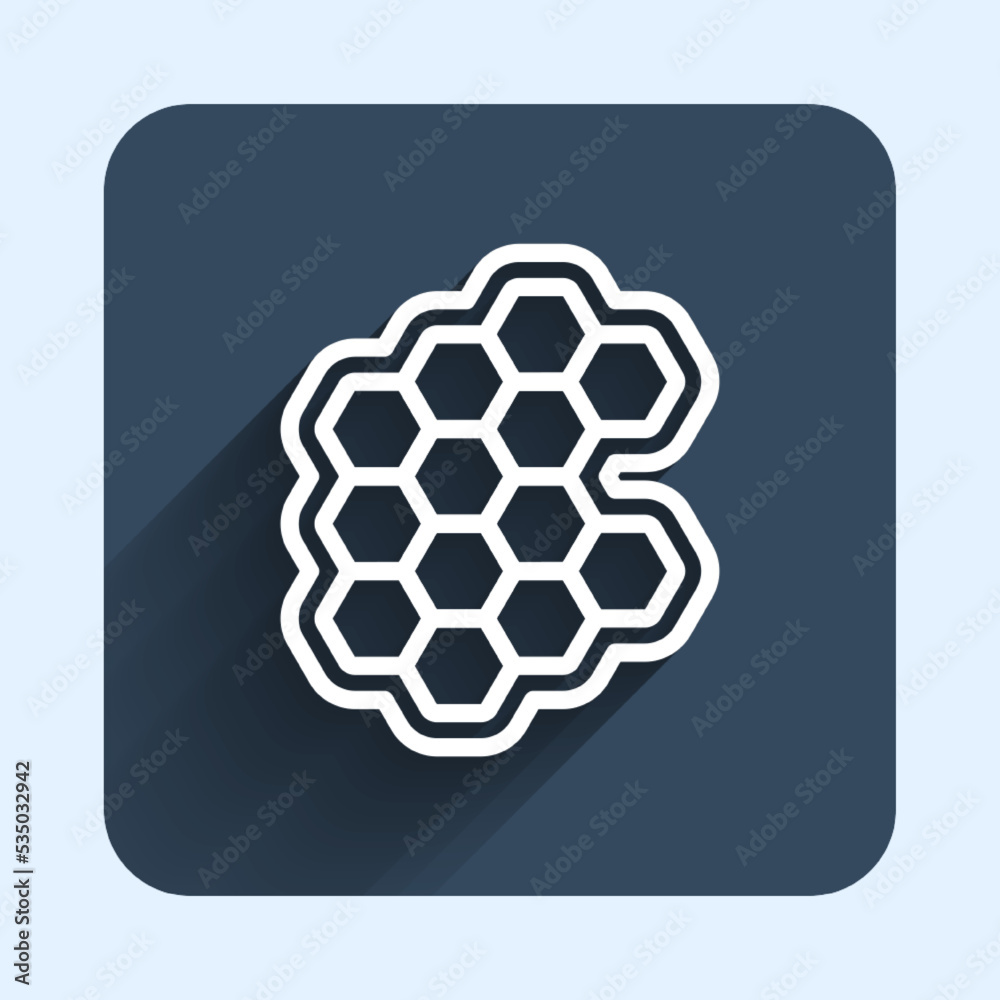 White line Honeycomb icon isolated with long shadow background. Honey cells symbol. Sweet natural food. Blue square button. Vector White line Honeycomb icon isolated with long shadow background. Honey cells symbol. Sweet natural food. Blue square button. Vector