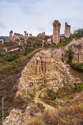Los Estoraques Unique Natural Area, national park in the Cordillera Oriental of Colombia, Norte de Santander Department. Large brownstone pedestals and columns formed by erosion. Travel destination photo