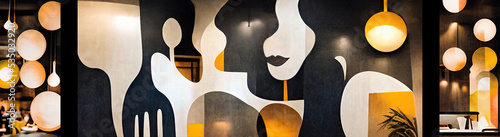 Вackground with an abstract art composition of the mural for Caffe, restaurant, beauty saloon or business office in brown, yellow black and white, Generative AI.  photo