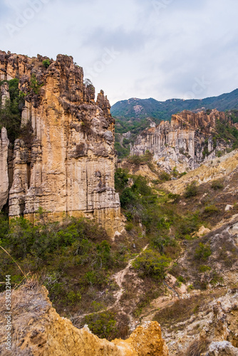 Los Estoraques Unique Natural Area, national park in the Cordillera Oriental of Colombia, Norte de Santander Department. Large brownstone pedestals and columns formed by erosion. Travel destination photo