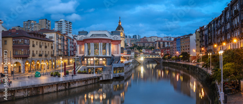 Panoramic View of beautiful Bilbao with the Erribera Market Hall and Nervion River