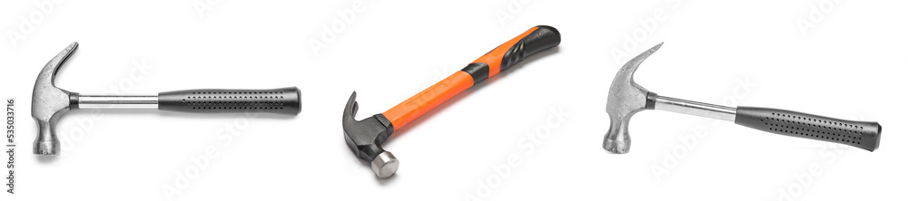 Obraz premium Collage of modern hammers on white background