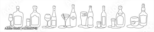 Liquor rum wine martini beer vodka tequila whiskey bottle and glass outline icon on white background. Black white cartoon sketch graphic design. Doodle style. Hand drawn image. Party drinks