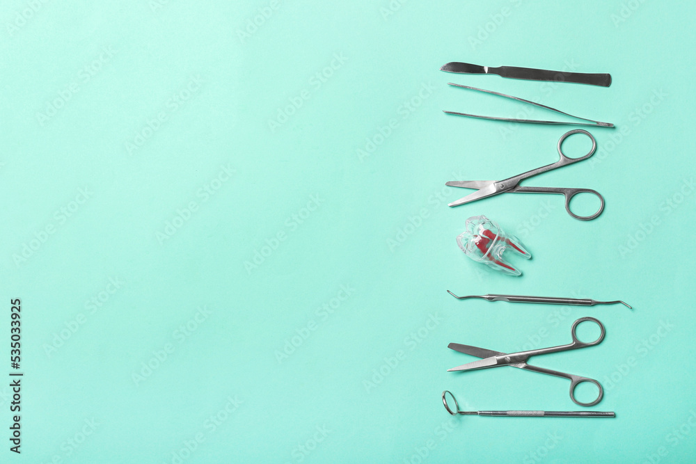 Dental instruments on color background Dental instruments on color background