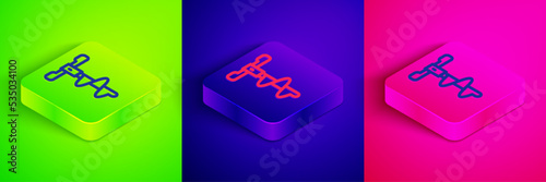Isometric line Hand ice drill for winter fishing icon isolated on green, blue and pink background. Square button. Vector