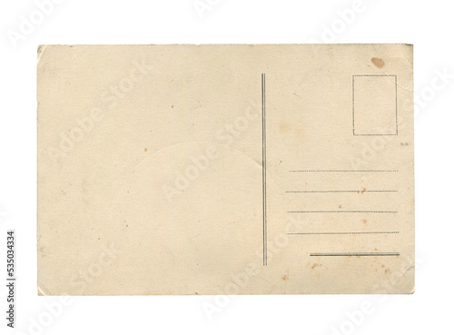 old vintage aged empty paper postcard texture with faded stamp print and brown stains isolated on white