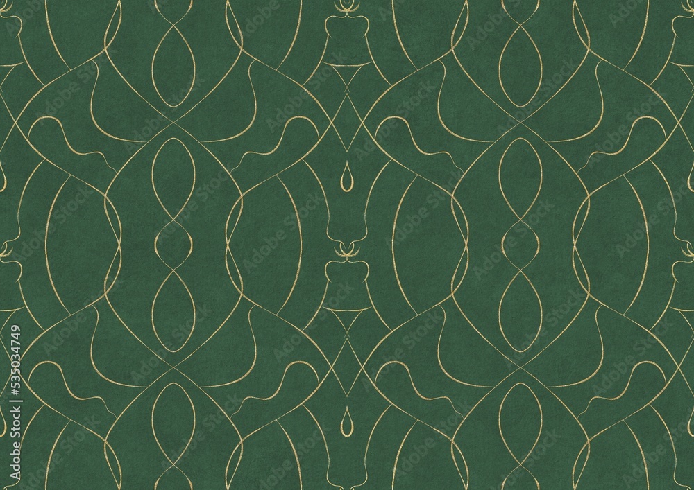 Hand-drawn unique abstract symmetrical seamless gold ornament of golden glitter on a warm green background. Paper texture. Digital artwork, A4. (pattern: p08-1b) Hand-drawn unique abstract symmetrical seamless gold ornament of golden glitter on a warm green background. Paper texture. Digital artwork, A4. (pattern: p08-1b)