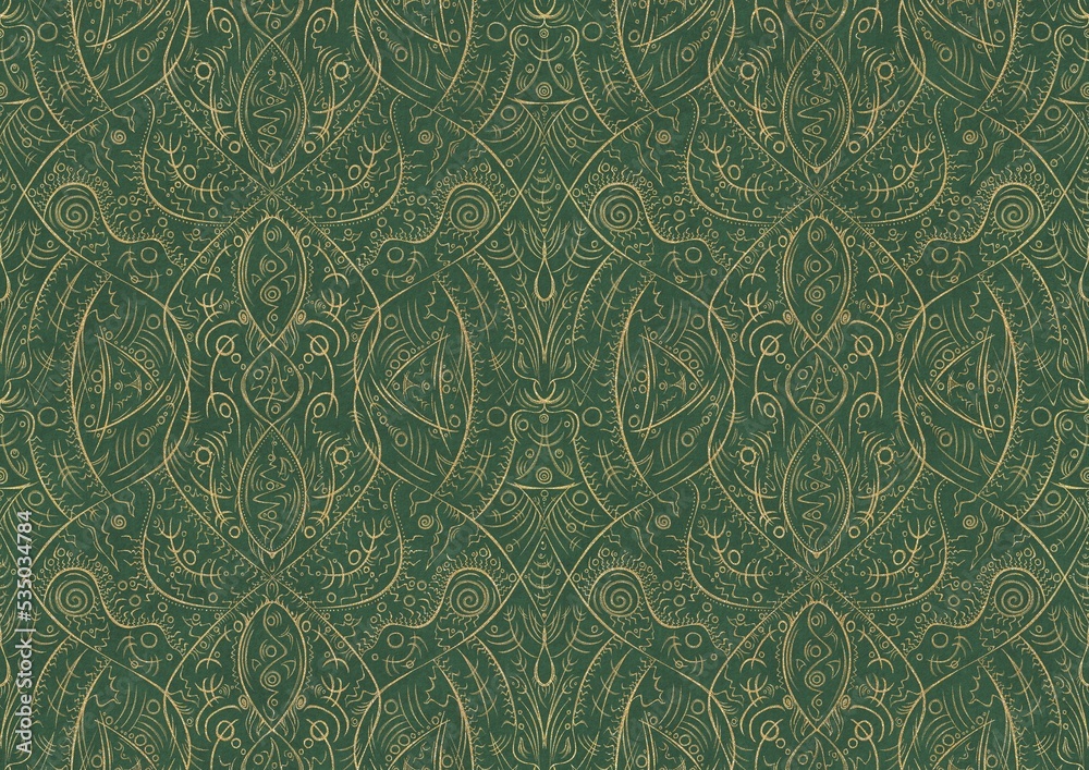 Hand-drawn unique abstract symmetrical seamless gold ornament of golden glitter on a warm green background. Paper texture. Digital artwork, A4. (pattern: p08-2b)