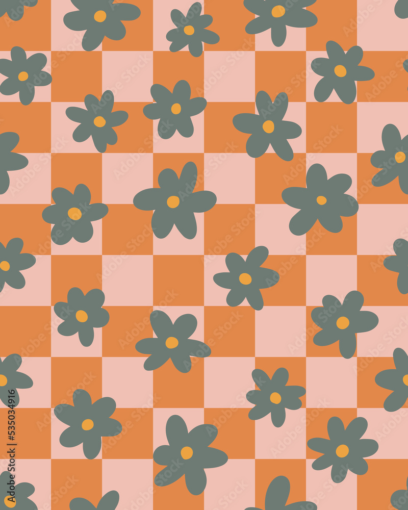 Naive, kid core simple flowers with check background all over surface print. Random placed, vector florals on grid seamless repeat pattern.
