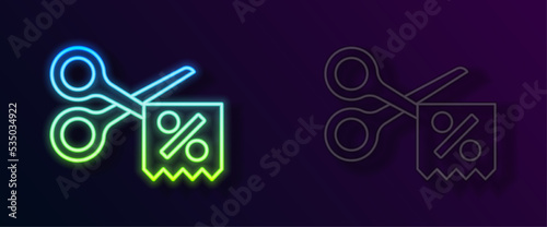 Glowing neon line Scissors cuts discount coupon icon isolated on black background. The concept of selling in an online supermarket at low prices or half the cost. Vector