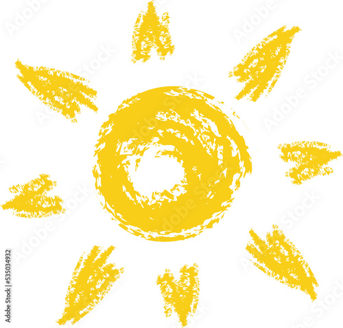 Hand drawn Sun sketch of chalk or crayon on transparent background.