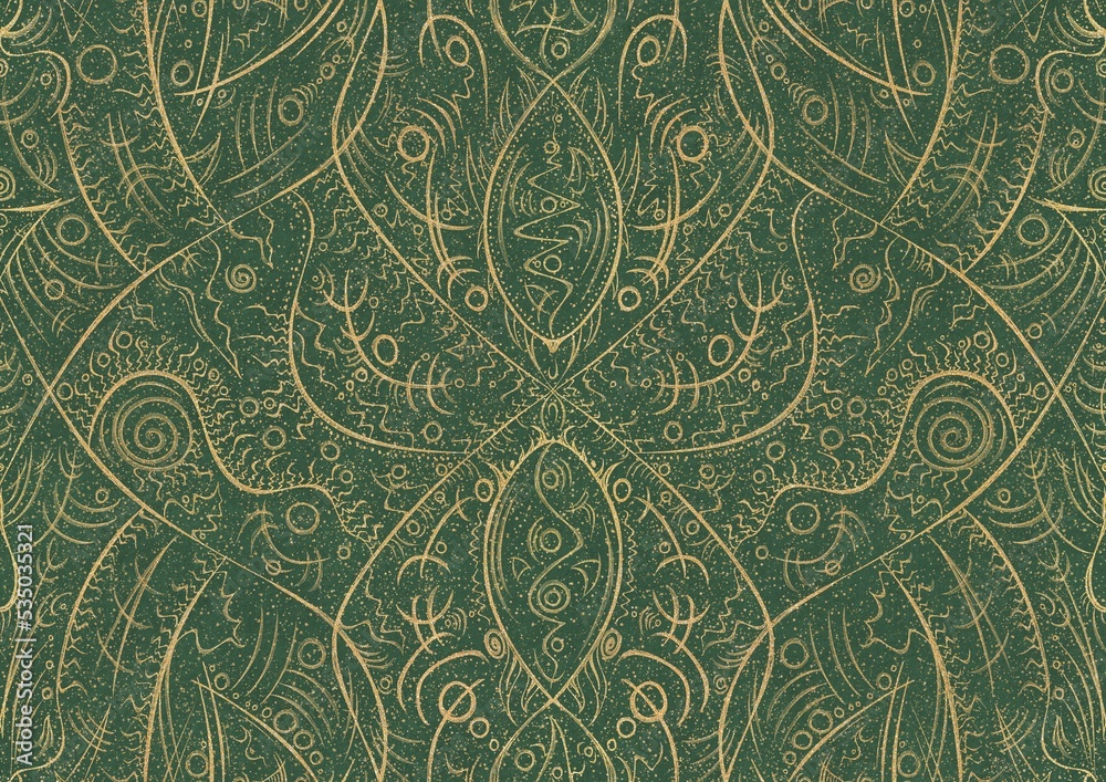 Hand-drawn unique abstract symmetrical seamless gold ornament and splatters of golden glitter on a warm green background. Paper texture. Digital artwork, A4. (pattern: p08-2a)