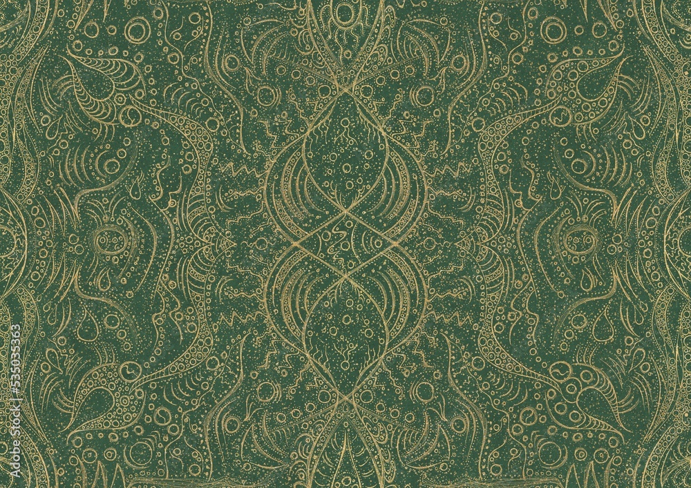 Hand-drawn unique abstract symmetrical seamless gold ornament and splatters of golden glitter on a warm green background. Paper texture. Digital artwork, A4. (pattern: p09a)