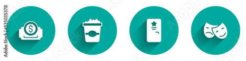 Set Cinema ticket, Popcorn cardboard box, Backstage and Comedy and tragedy masks icon with long shadow. Vector