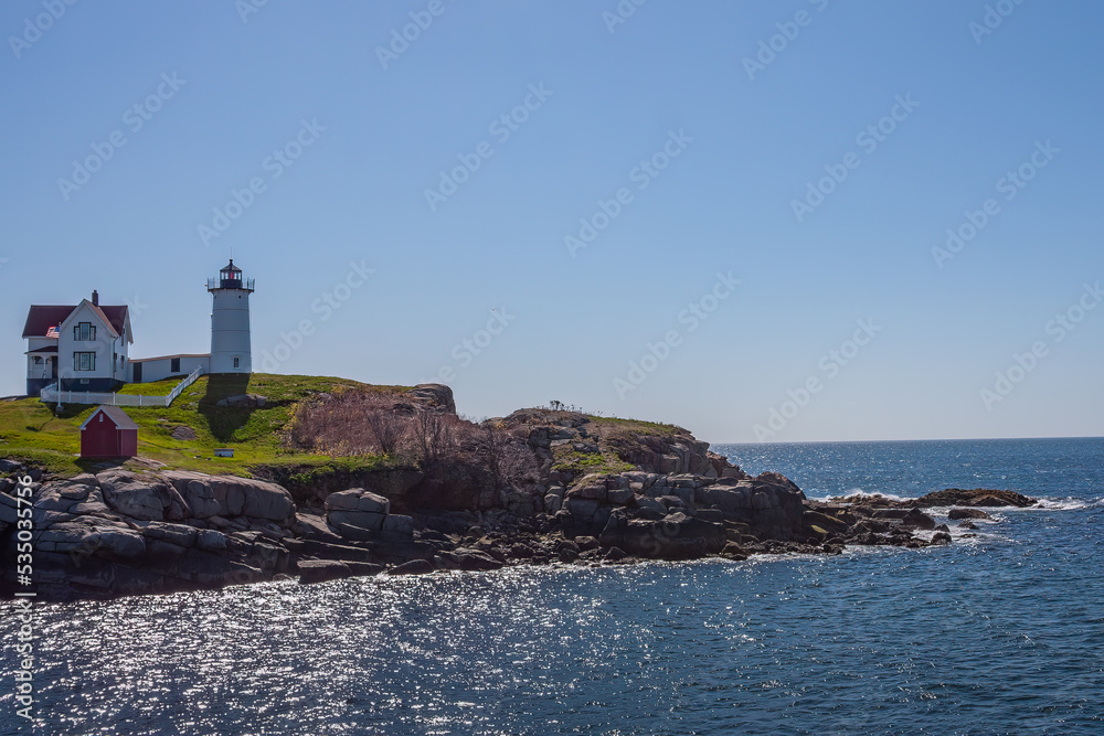 Lighthouse Scenic Landscape At The Maine Rocky Coast, USA, Spring 2014