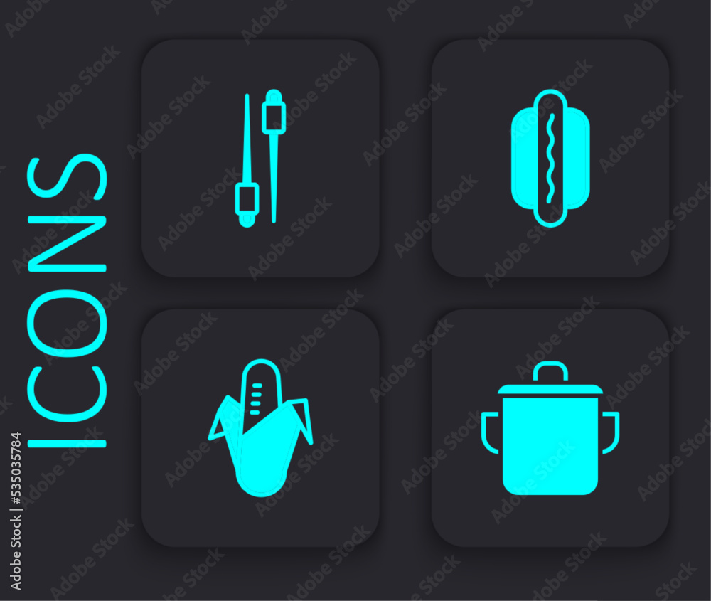 Set Cooking pot, Food chopsticks, Hotdog and Corn icon. Black square button. Vector Set Cooking pot, Food chopsticks, Hotdog and Corn icon. Black square button. Vector