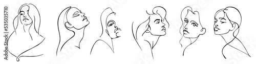 Collection of line portraits of beautiful young women.Vector graphics.