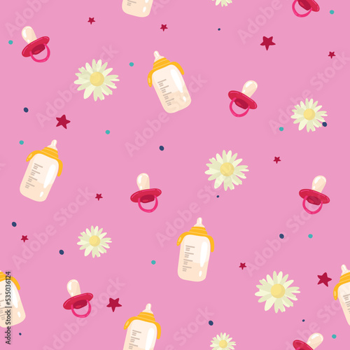 A lot of baby bottles, colorful seamless pattern, hand drawn icons. Background with baby foods. Decorative wallpaper, good for printing,