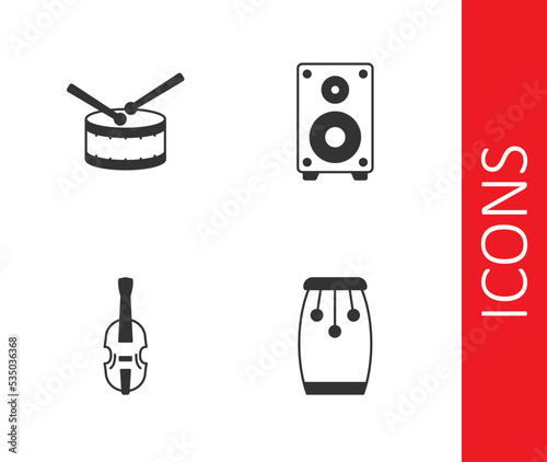 Set Conga drums, Drum with sticks, Violin and Stereo speaker icon. Vector