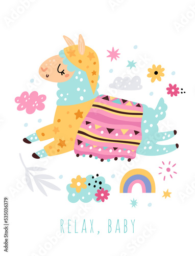 Cute llama card. Funny alpaca jumping with clouds and rainbow. Motivational inscription. Peru animal relaxing in sky. Happy little lama. Floral elements. Vector cartoon childish poster
