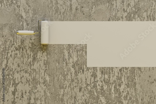 the concept of painting walls with a roller. a roller with white paint on the wall of marble color. 3D render