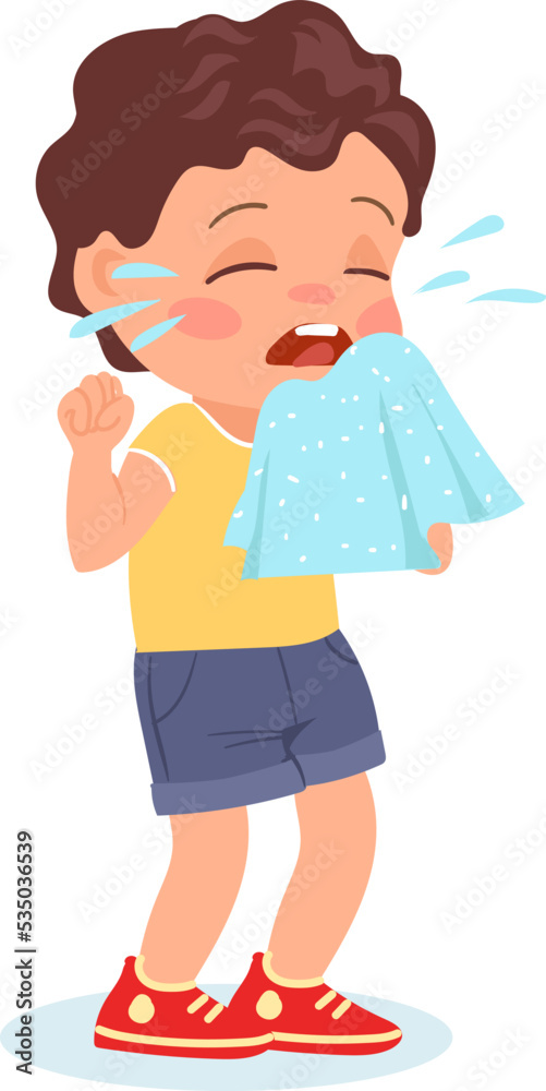Ill child. Kids illnesses. Injuries and ailments. Sneezing boy blowing nose into handkerchief. Cold infection and allergy. Virus symptom. Crying baby. Snot and cough. Vector illustration Ill child. Kids illnesses. Injuries and ailments. Sneezing boy blowing nose into handkerchief. Cold infection and allergy. Virus symptom. Crying baby. Snot and cough. Vector illustration