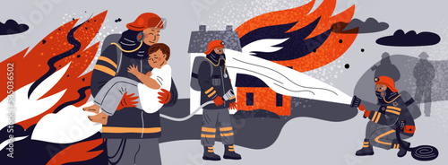 Firefighters extinguish fire. Professional carries child from burning house. Emergency workers put out flame. Extinguishers rescue people. Firemen with hydrant hose. Garish vector concept