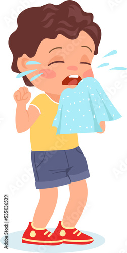 Ill child. Kids illnesses. Injuries and ailments. Sneezing boy blowing nose into handkerchief. Cold infection and allergy. Virus symptom. Crying baby. Snot and cough. Vector illustration
