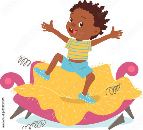 Kids destroy. Children bad behavior. Naughty boy jumping on sofa. Unattended teen. Mischievous teenager spoiling furniture. Couch trampoline. Destructive vandal game. Vector illustration