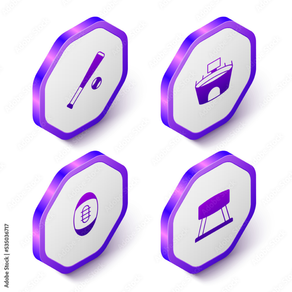 Set Isometric Baseball bat with ball, Stadium, American Football and Pommel horse icon. Purple hexagon button. Vector
