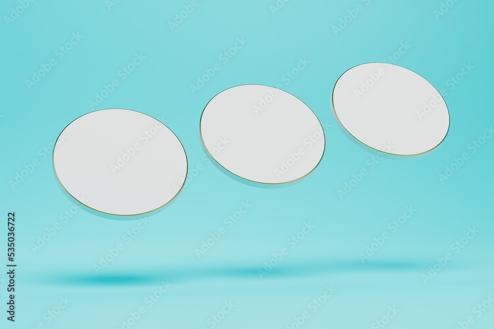 an abstract background consisting of patterns of white circles for placing products on a blue background. 3D render