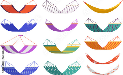Resort hammock. Outdoor relax time. Recreational fabric objects and hanging couches. Beach or garden summer beds. Camping swings. Suspended cloth. Vector picnic canvas furniture set